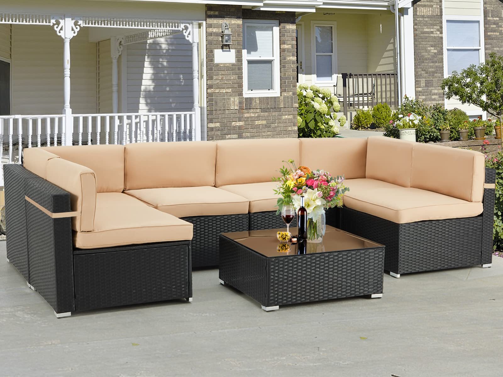 7 Pieces Patio Sofa Set PE Rattan Outdoor Furniture Sectional Conversation Sofas
