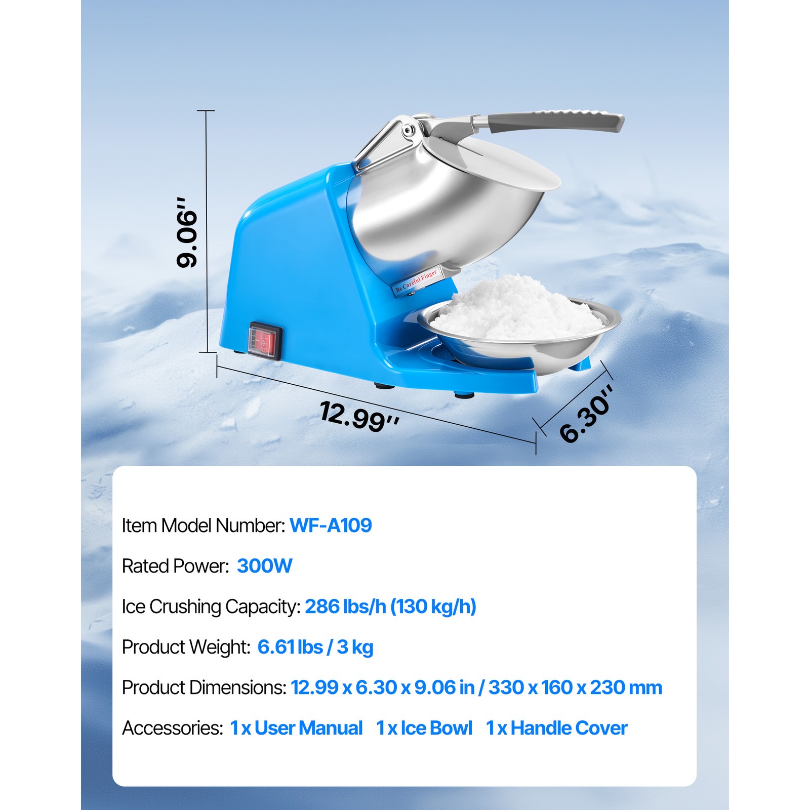 Uimoso Electric Ice Crusher 286LBS/H Shaved Ice Machine for Commercial Use, Blue