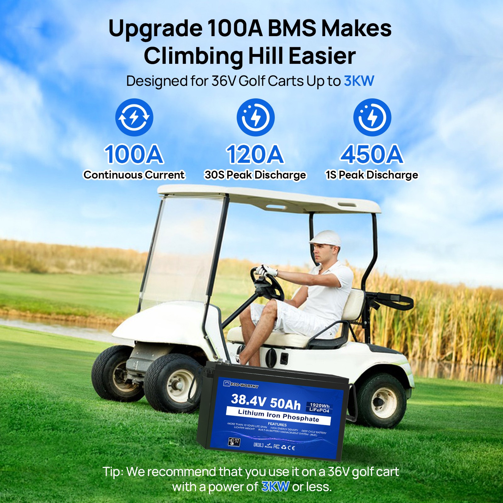 ECO-WORTHY 36V 50AH Lithium Golf Carts Lifepo4 Battery with 36V 25A Charge