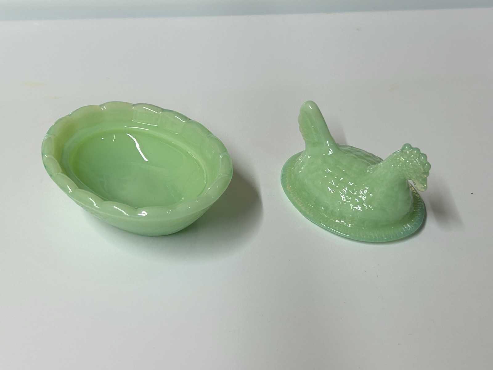 Depression Style Jadite Green Glass Mini Hen On Nests-2 1/2”