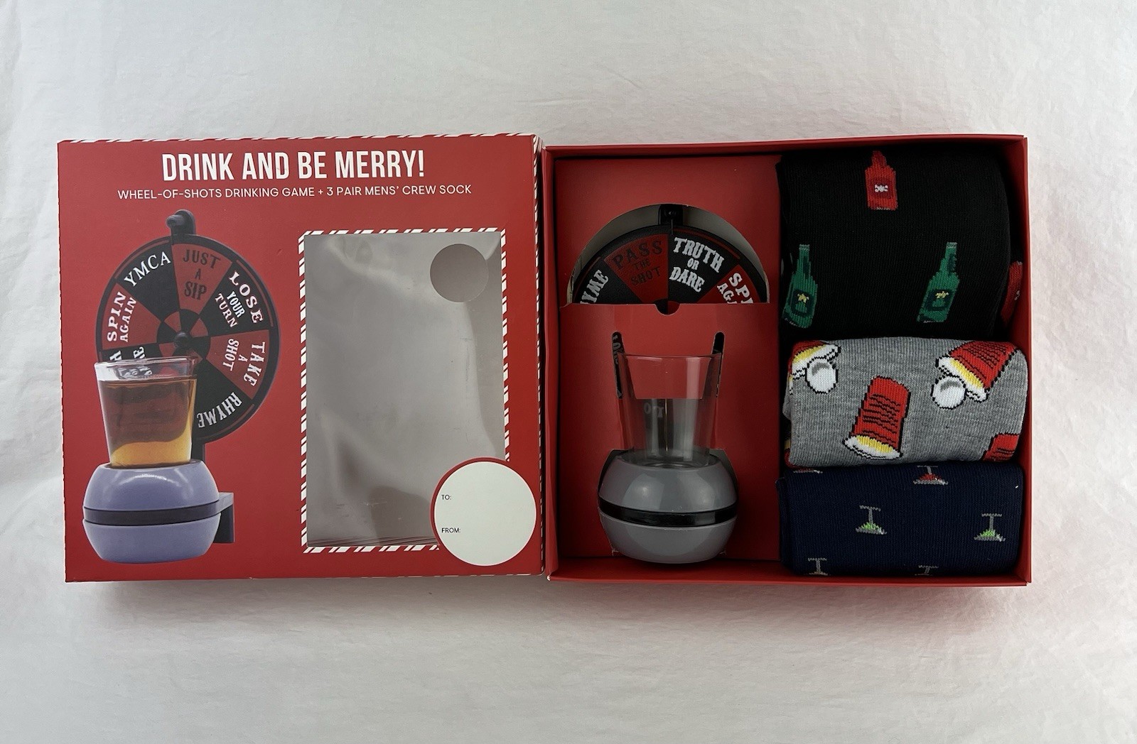 Christmas Gift Set Wheel-Of-Shots Drinking Game + 3 Pair Men’s Crew Socks