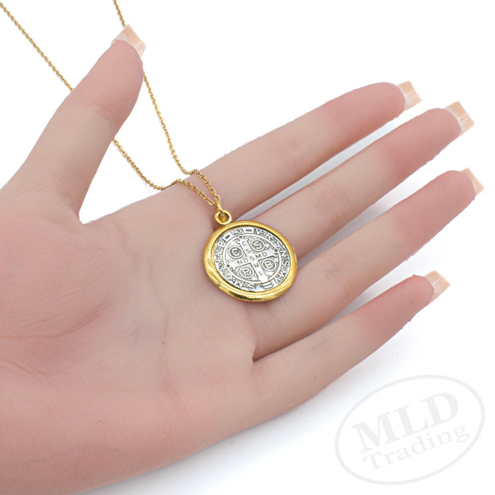 Saint St Benedict Medal Pendant Necklace: Silver w/ Gold Border, 1", 18" Chain