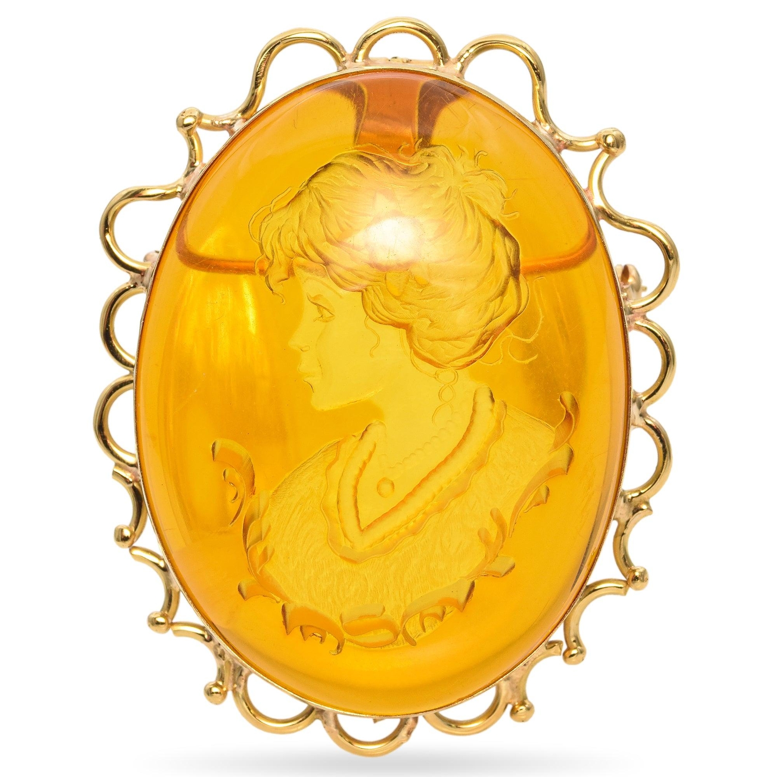 Vintage 18K Yellow Gold Carved Woman Amber Intaglio Brooch Pendant