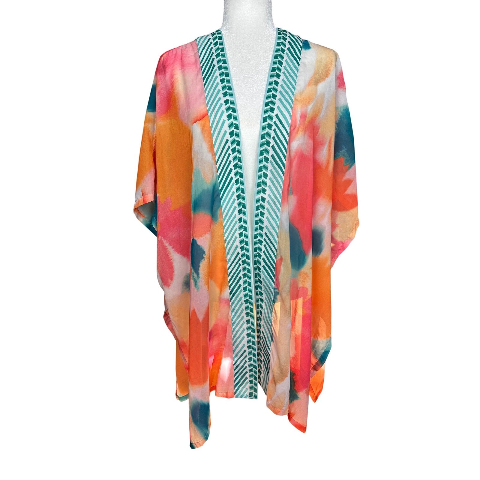 Chico's Kimono Wrap Womens L/XL Orange Pink Watercolor Abstract Boho Coverup