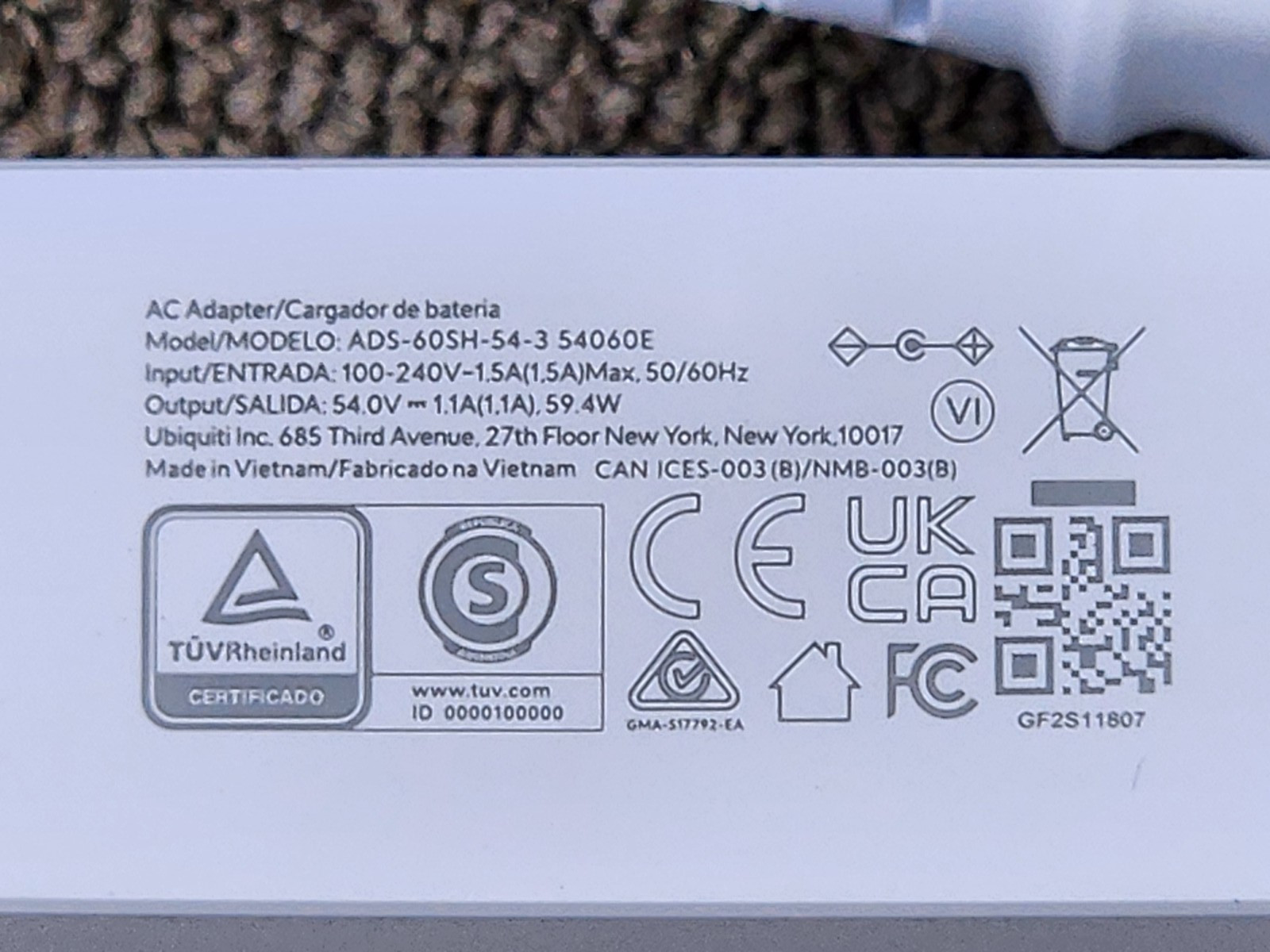 Genuine Ubiquiti AC Adapter ADS-60SH-54-3 54V 1.1A 59.4W Power Supply OEM NY-PW0