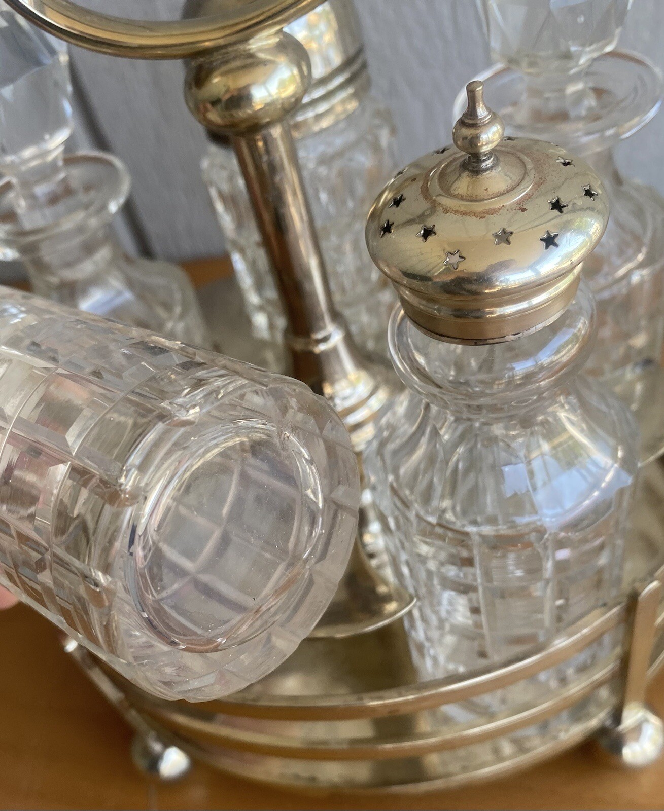 1887 Walker & Hall Victorian Silver Plate Antique Cut Crystal 6 pc Cruet Set