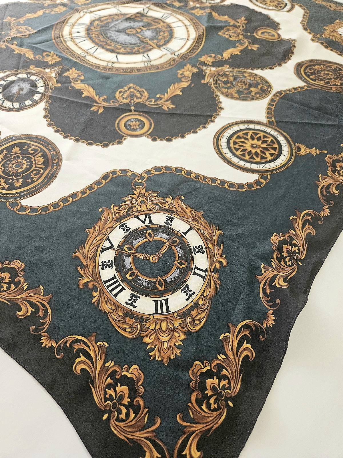 Vtg Peacock Trading Co Scarf 36" Sq Deep Green Gold W Clocks KOREA Silky Soft