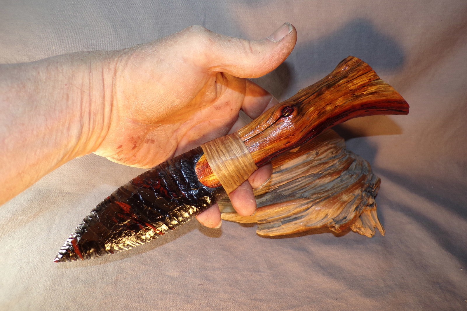 Triple Flow Obsidian Paleo Knife Manzanita Handle Flint Knapping Black Powder