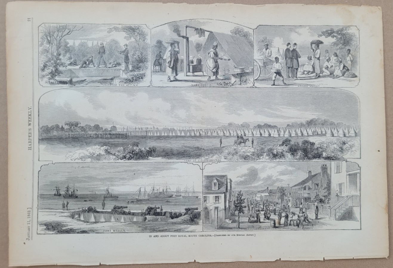 Port Royal South Carolina  vintage print  1862   Mary Curtis, Fort Welles etc.