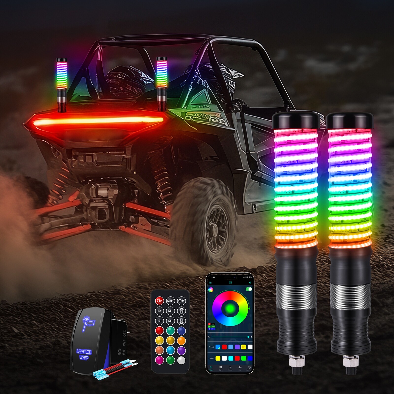 2pcs 1FT COB Fat Whip Light,RGB+IC Chasing Antenna Whips for ATV UTV SXS RZR