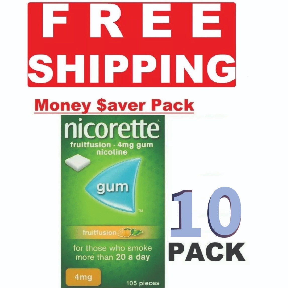 10 PACK Nicorette FRUIT FUSION Stop Smoking Chewing Gum 4mg 105Pieces