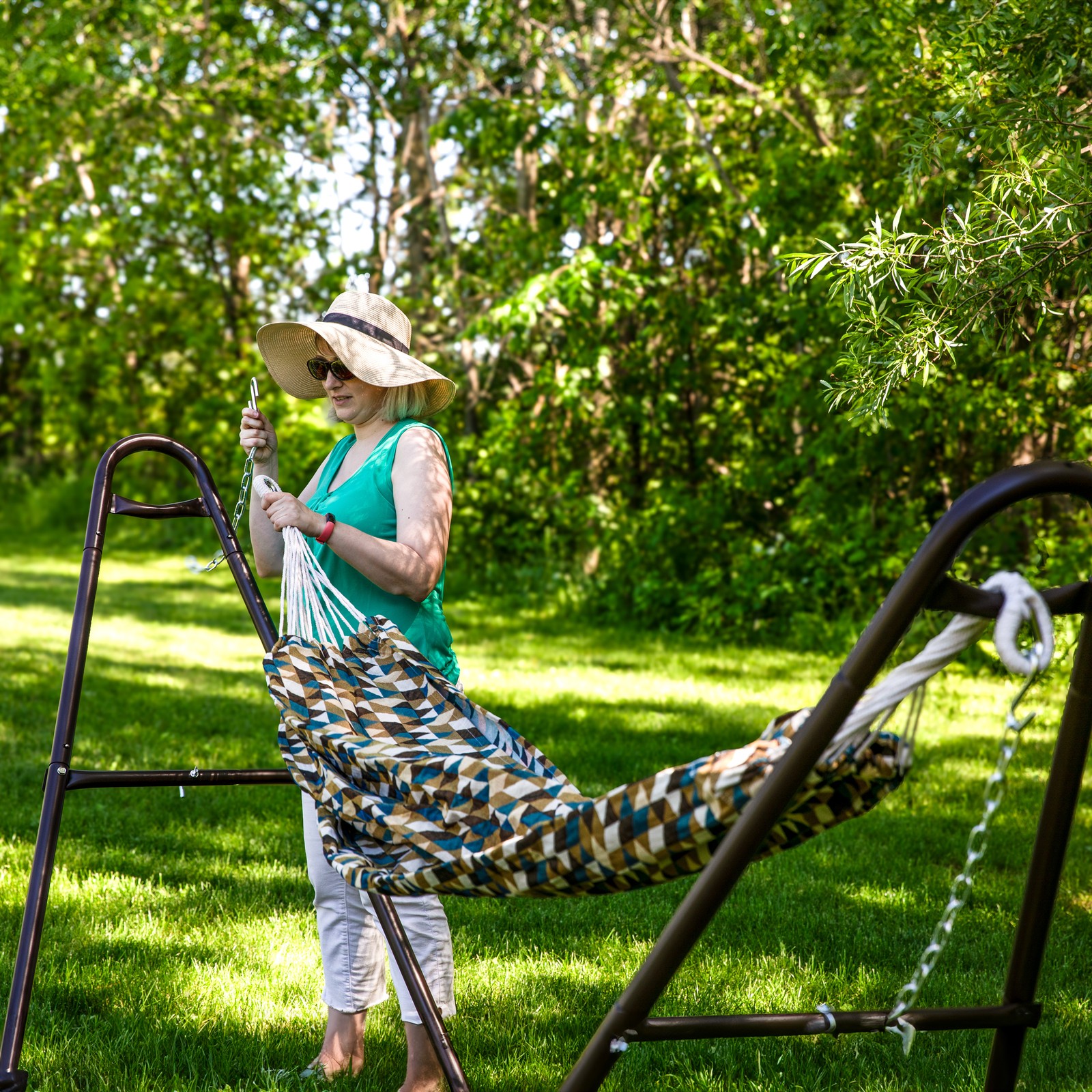 2-Person Polyester Jacquard Double Hammock - Geometric Jumble by Sunnydaze