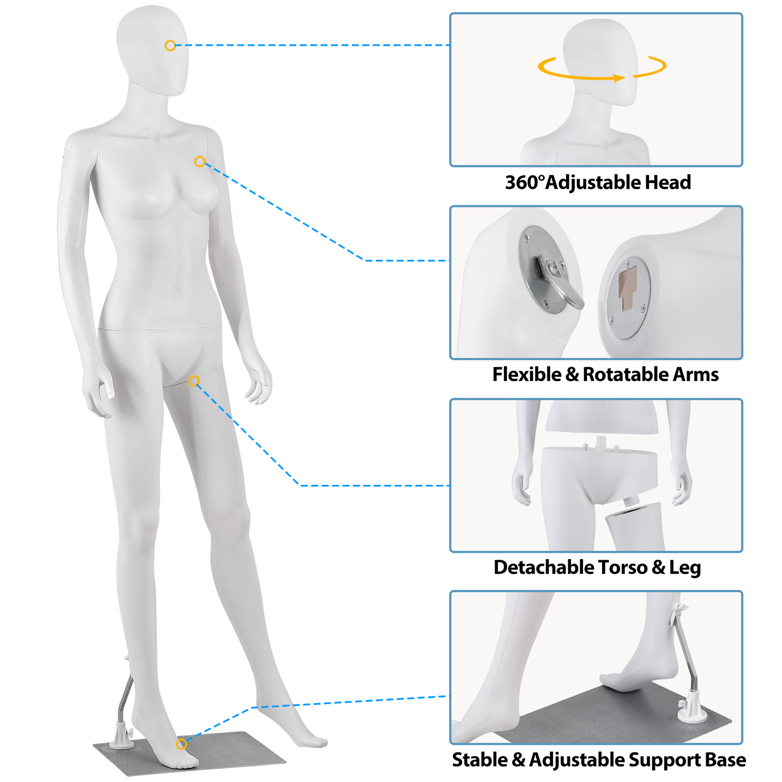 Female Mannequin Full Body Dress Form Adjustable 70" Realistic Detachable White