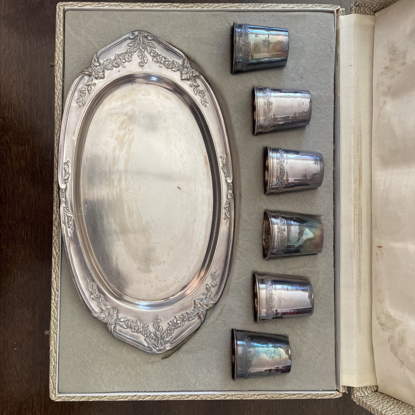 6pc Antique French Solid Silver Cordial Shot Cup Set & Tray In Case 1890s