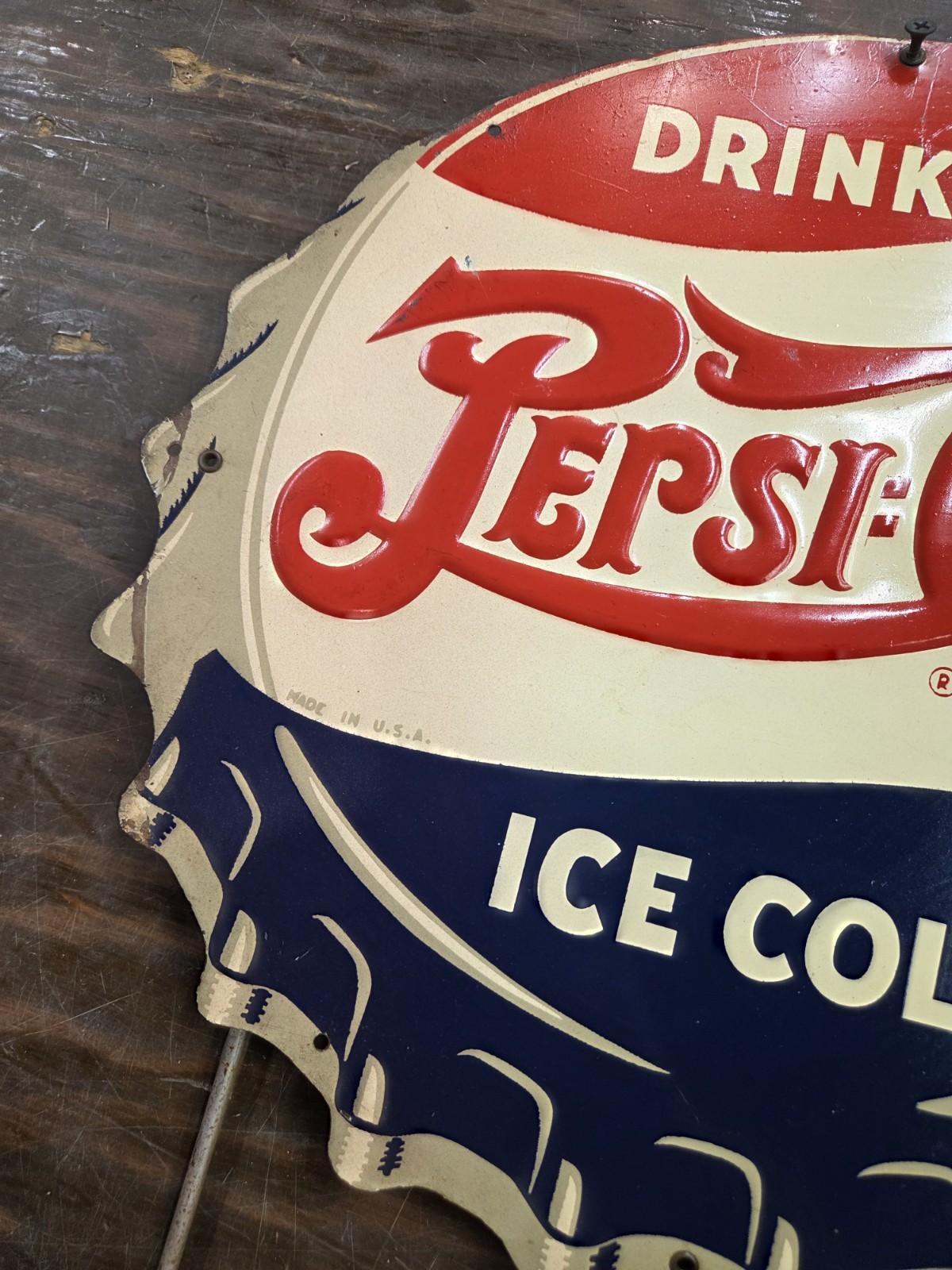 1940’s Embossed Double Dot Pepsi Cola Bottle Cap Sign Rack Topper