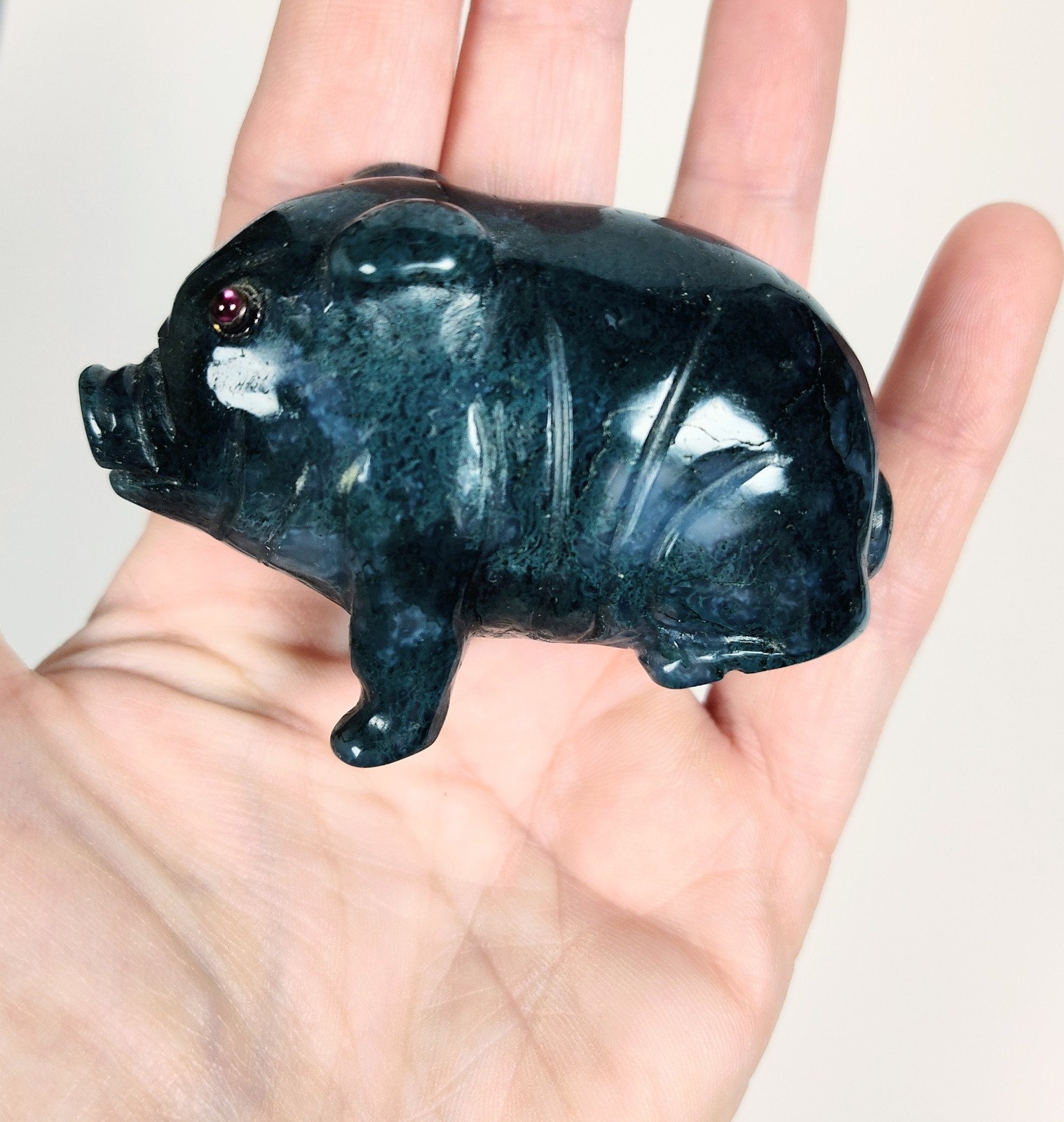 Antique 1920s Hand-Carved Blue-Green Aventurine Pig with Bezel-Set Garnet Eyes