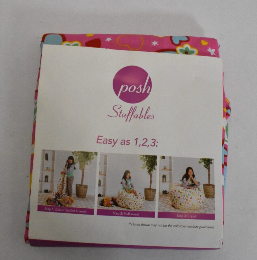 Posh Stuffables Kid Stuffed Animal Storage Bean Bag Chair Pink w/ Hearts & Stars