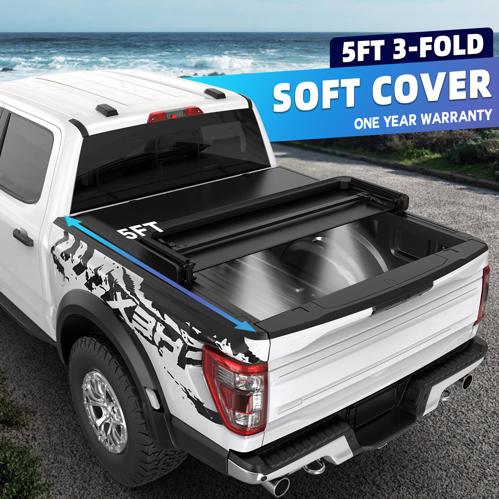 3-FOLD 5FT Soft Truck Bed Tonneau Cover For 2016-2024 Toyota Tacoma w/ Lamp