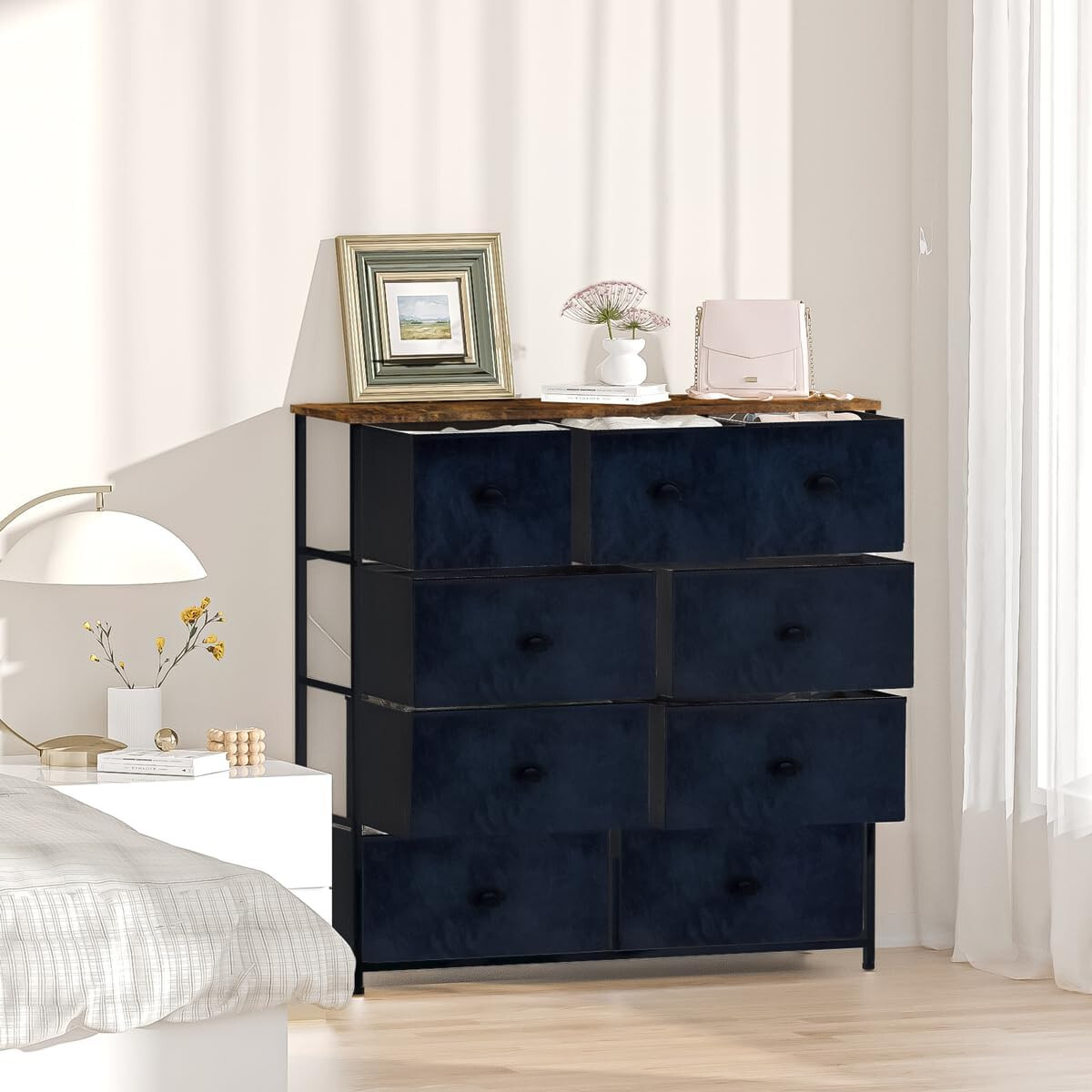 9-Tier Drawers Nightstand Chest Dresser Organizer Storage Bedroom Black Wood