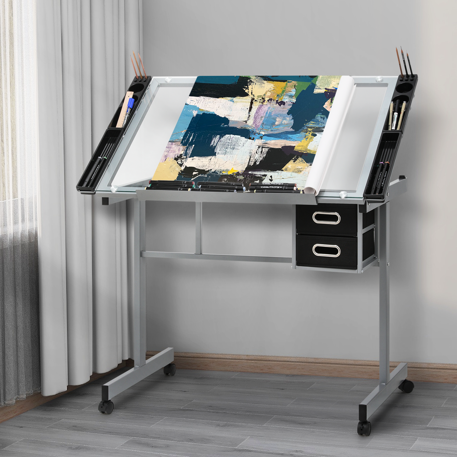 Adjustable Rolling Drafting Table Tempered Glass Tabletop Painting Work Station