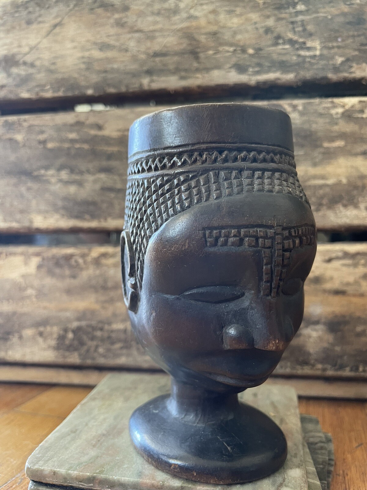Vintage / Antique African Kuba Cup Wood Carved Palm Wine DRC Ceremonial Signed!