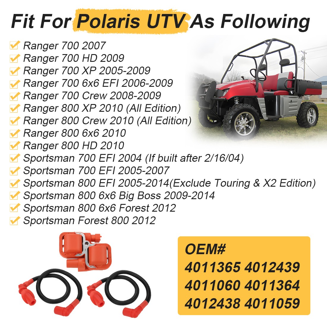Ignition coil W/ Wire & Cap for Polaris Ranger 800 2010 4011059 4010425