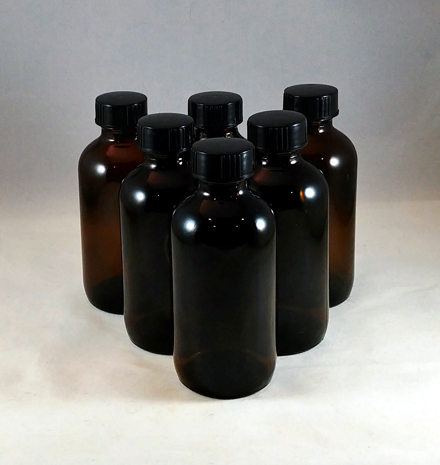 4 oz Amber Boston Round Glass Bottles w Caps, Droppers, Phenolic, Mult Lot Sizes
