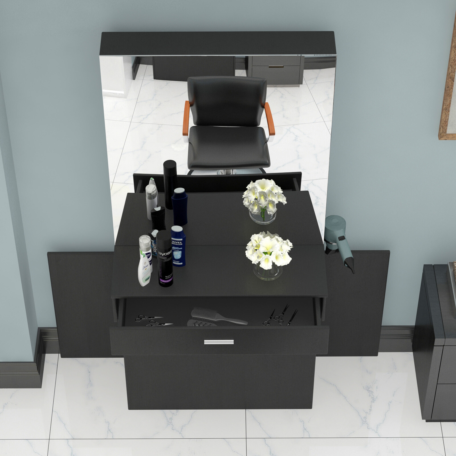 Black Wall Mount Barber Station W/Mirror Dressing Table Beauty Spa Salon Styling