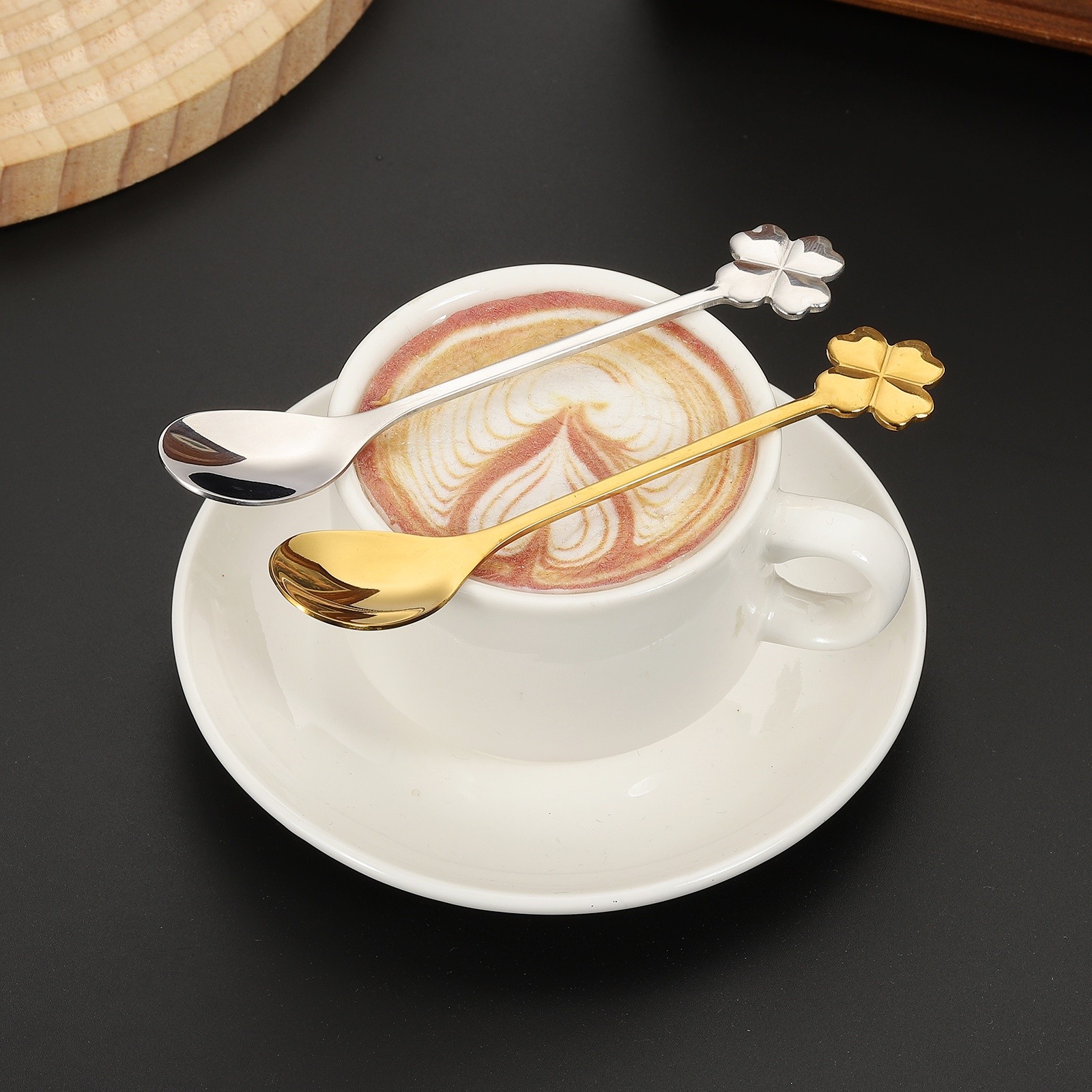 4pcs Coffee Spoons, Rose/Four Leaf Grass Tea Spoons Stainless Steel, Silver