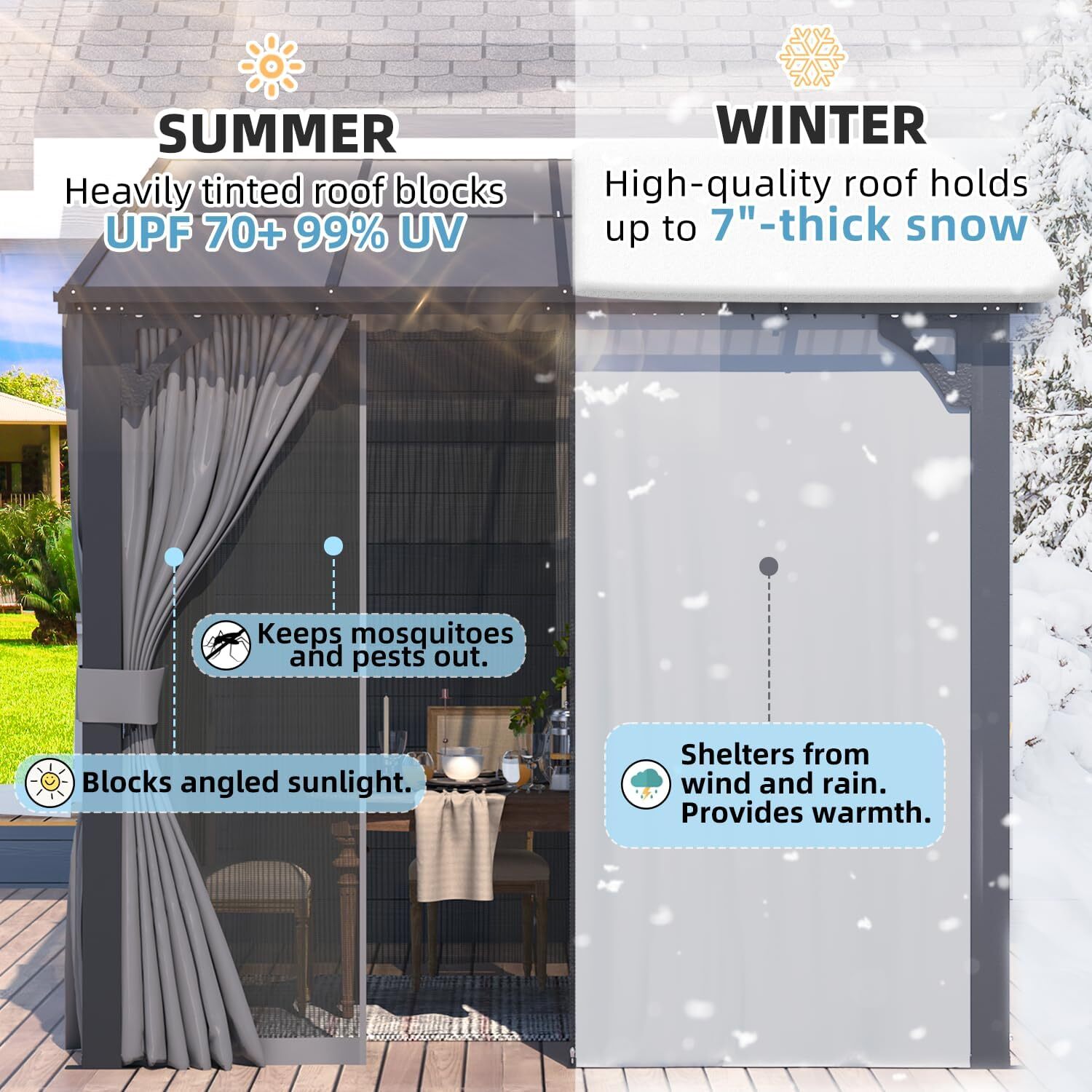 Wall-Mounted Lean-to Gazebo Pergola with Curtains, Netting, 6 Sizes