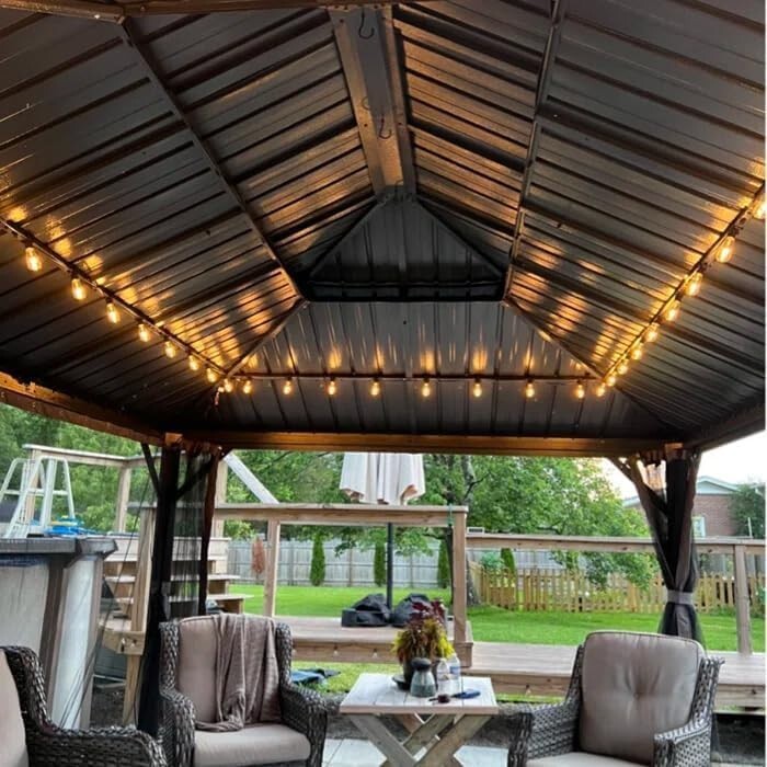 Domi 10’ x 12’ Hardtop Gazebo Outdoor Aluminum Gazebo w/Curtains and Net, Brown