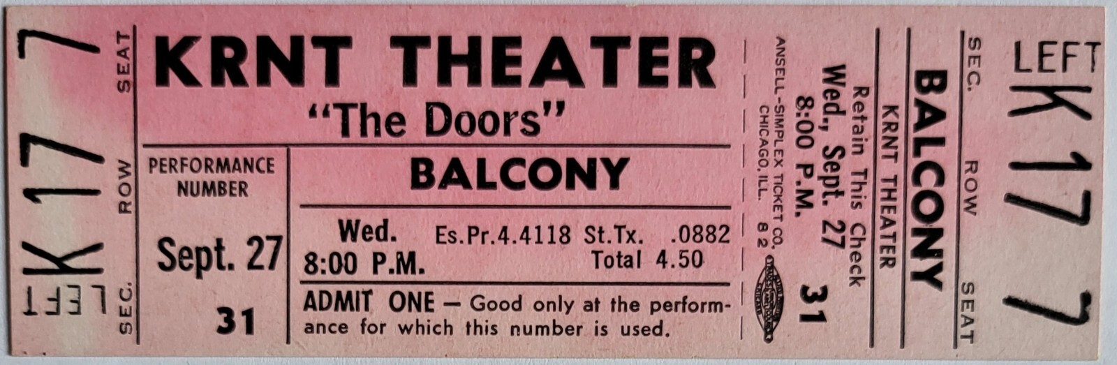 ** THE DOORS ** - 1967 FULL & UNUSED CONCERT TICKET - DES MOINES, IOWA - VINTAGE