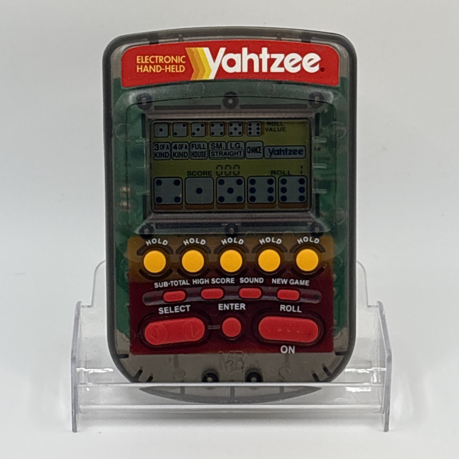 1995 Electronic Handheld Yahtzee Game Clear Smoke MB Milton Bradley 4511 TESTED