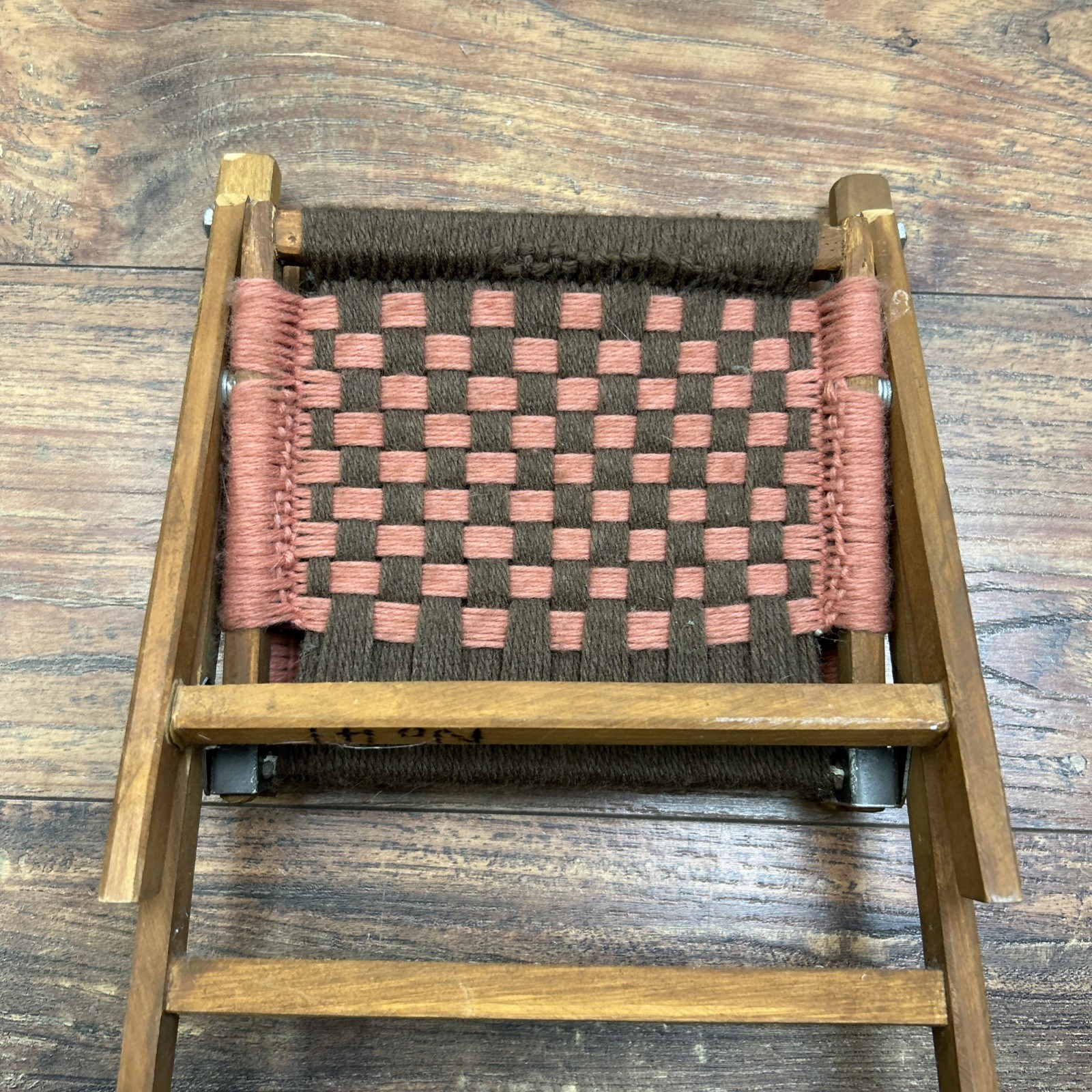 Macrame Wooden Folding Baby Doll Chair Vintage Handwoven Brown Pink ** DOLL SIZE