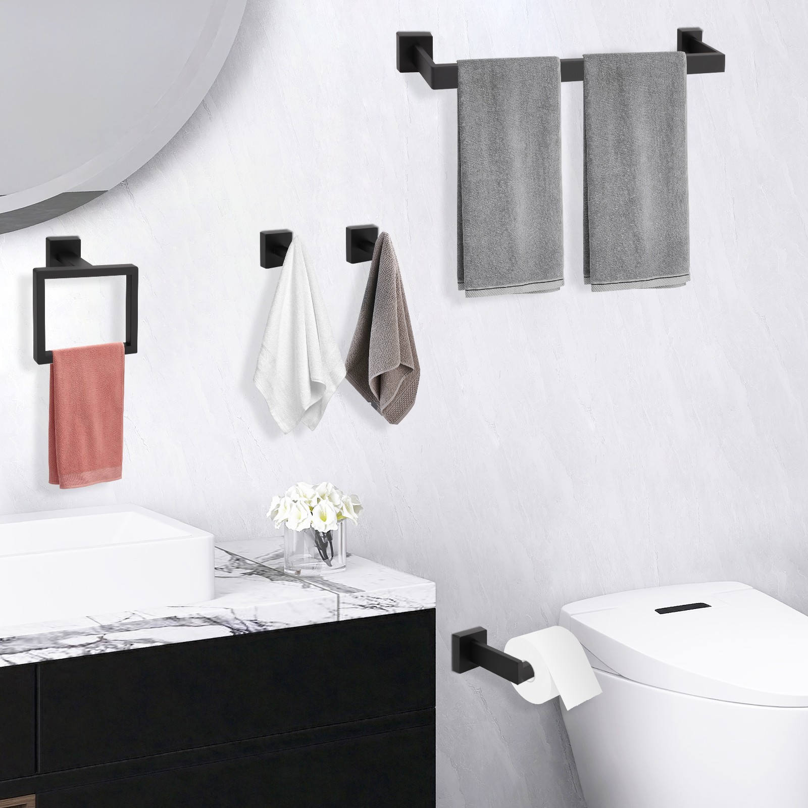 15 Pcs Black Bathroom Hardware Set Towel Bars Towel Rings Hooks Stainless Steel