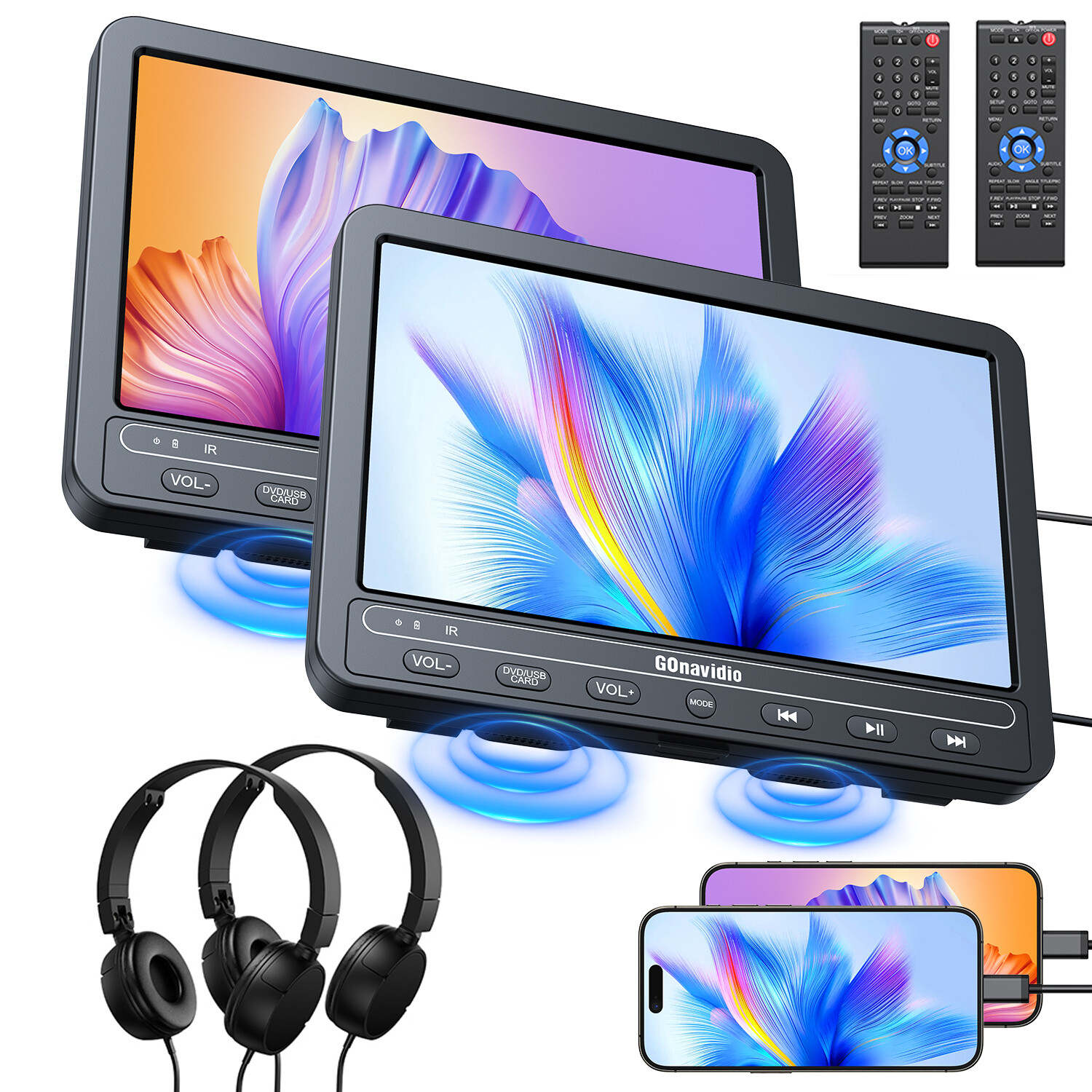 2X10.5" Full HD Screen Car Headrest DVD Player TV Monitor USB HDMI w/ Headsets