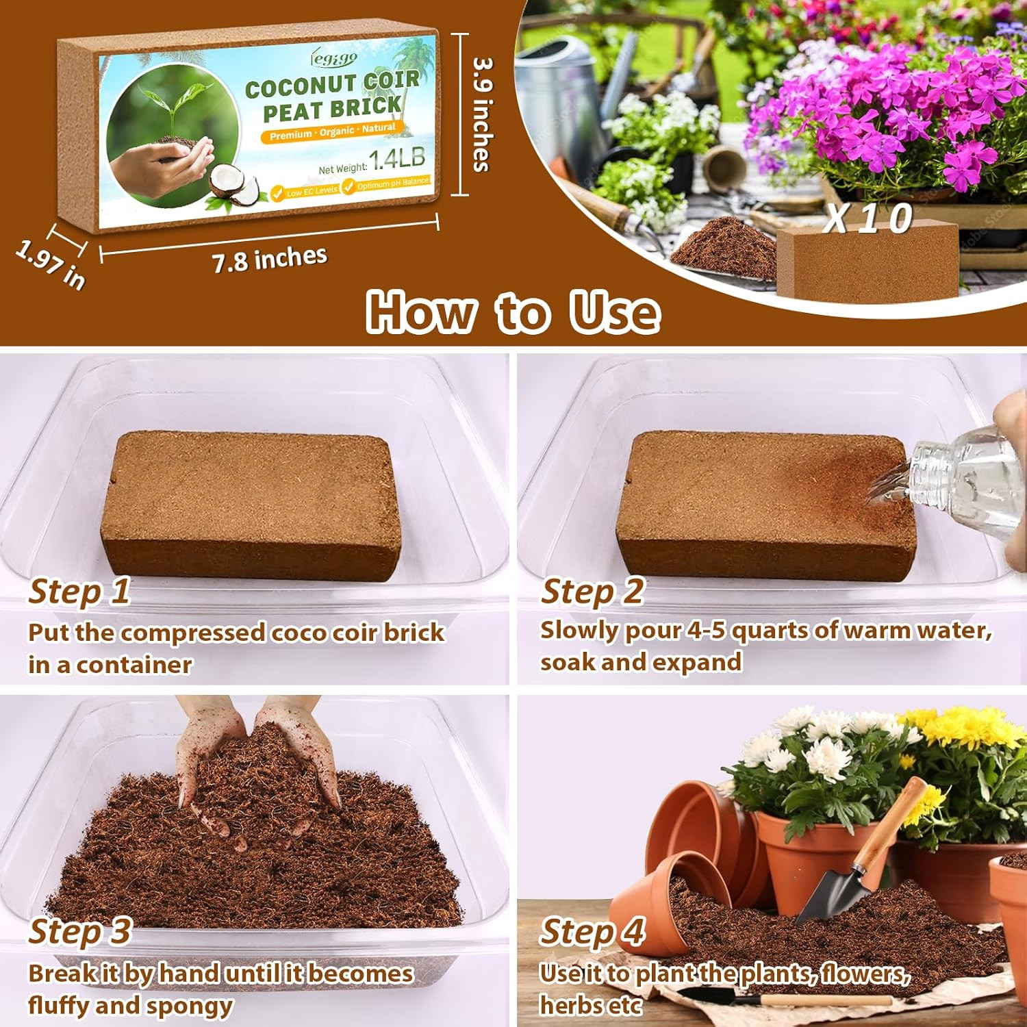 Legigo Pack of 10 Organic Coco Coir Bricks- 100% Natural Compressed Coco Peat Br
