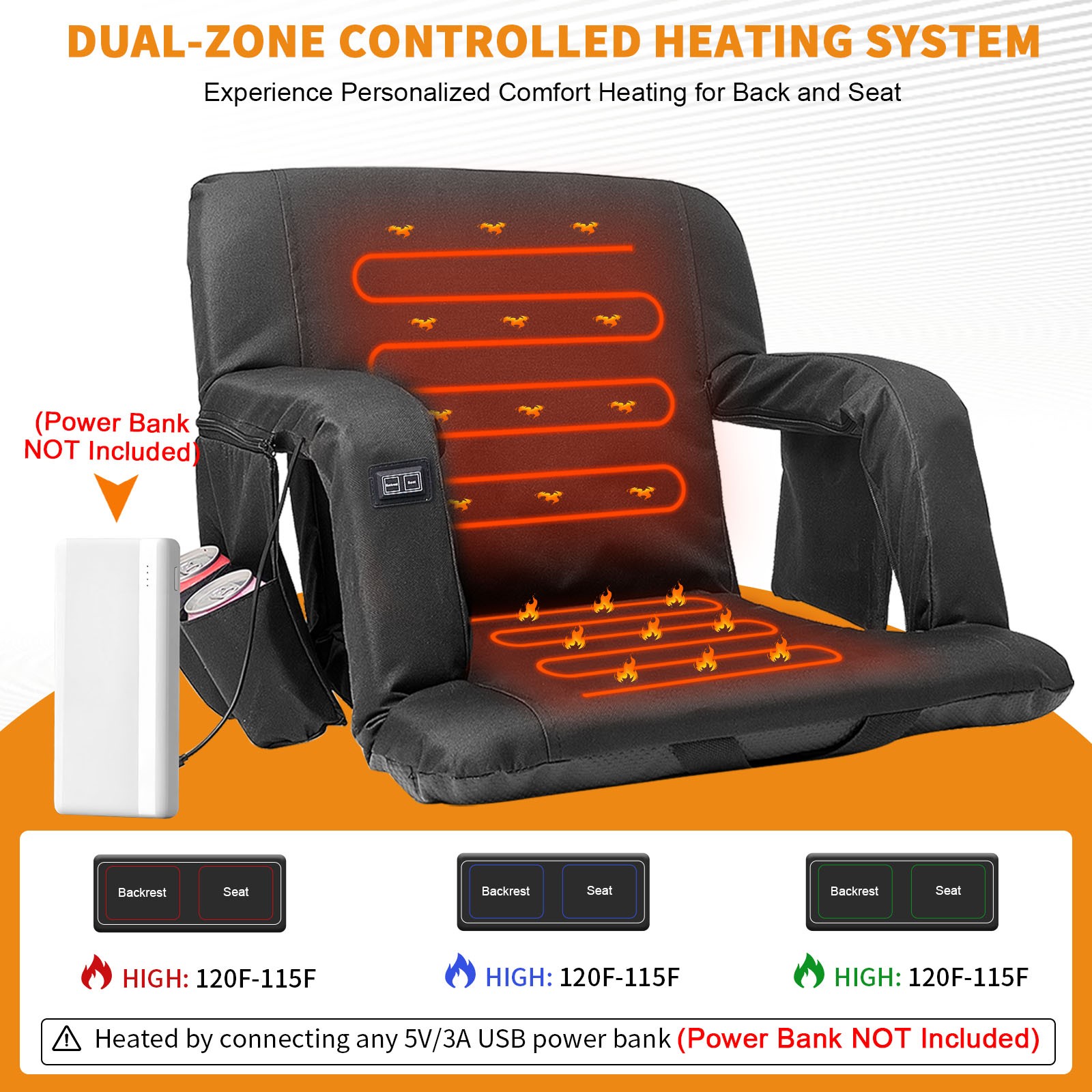H&ZT Heated Stadium Seat for Bleachers with Back Support Standard / XXL Size