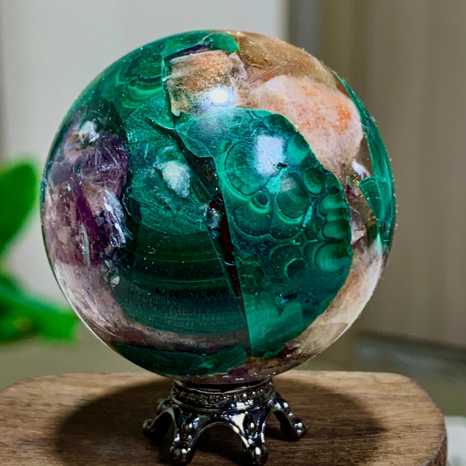 84G Newly discovered rare malachite purple mica symbiotic sphere restoration
