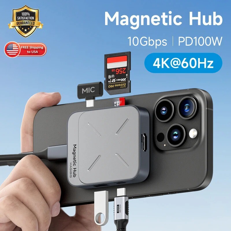 Magnetic USB C Hub Multiport Adapter Docking Station 4K HDMI 100W PD For iPhone