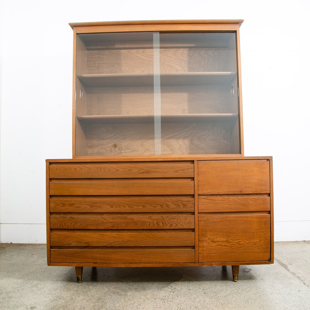 Mid Century Modern China Cabinet 3 Drawers Solid Wood MCM Vintage Hutch Glass