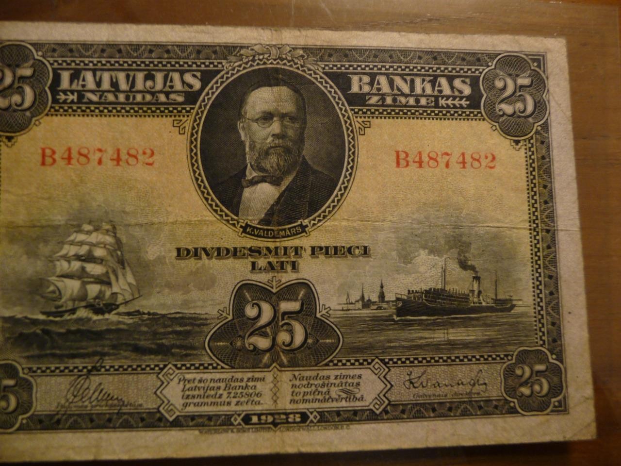 1928 Latvia 25 Latu Banknote P18a F-VF Condition SKU# 25074