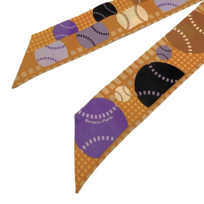 Hermes Twilly Silk Scarf Orange Tennis Ball Motif 83cm Used