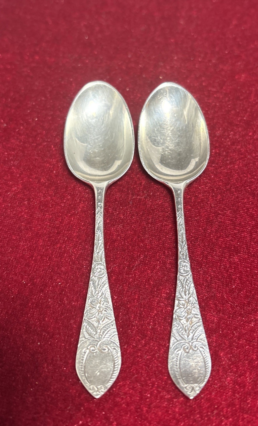 Set of 2, Sterling English Demitasse  Spoons, 1895,  4”, 9.7, 9.3 g., Pattern ?
