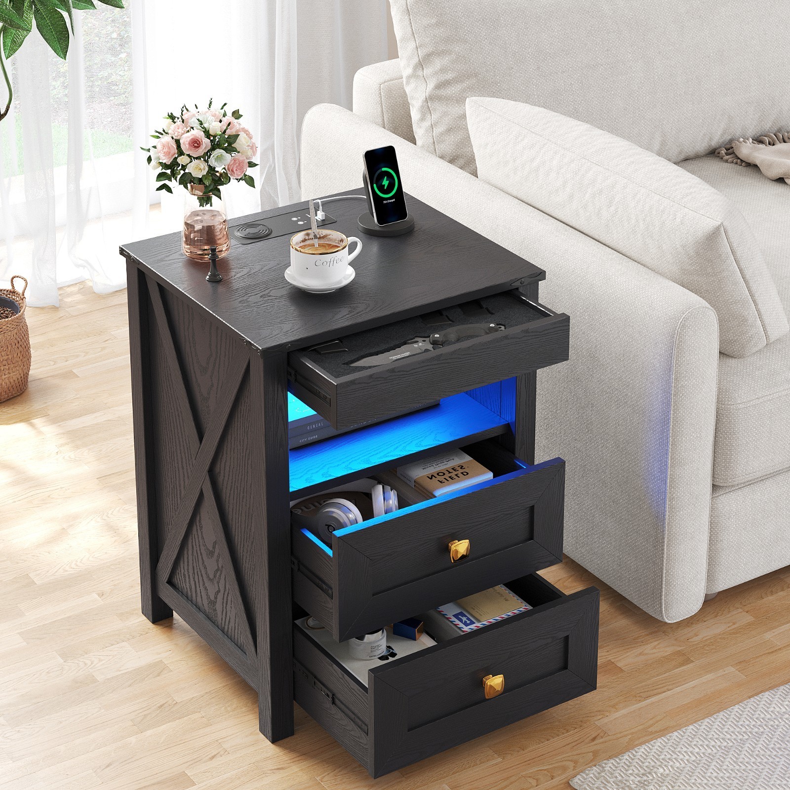 Night Stand with Gun Drawer, Bedside Table with Charging Station and LED Lights