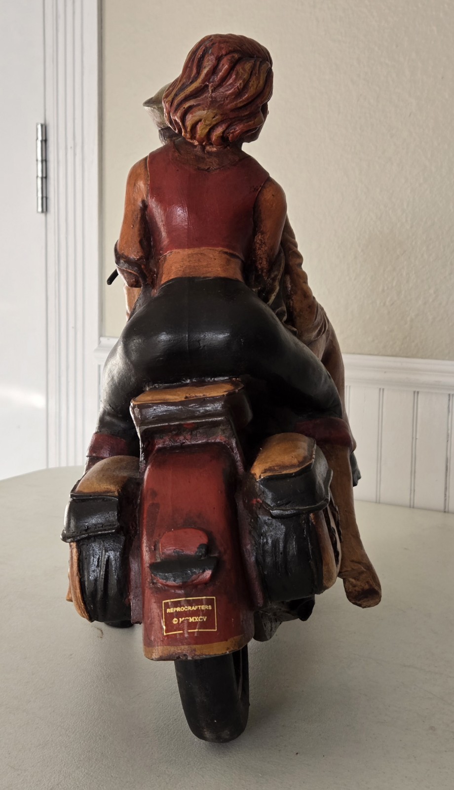 LARGE Wooden Sailor & Date Couple Riding Harley Davidson Motorcycle Sculpture