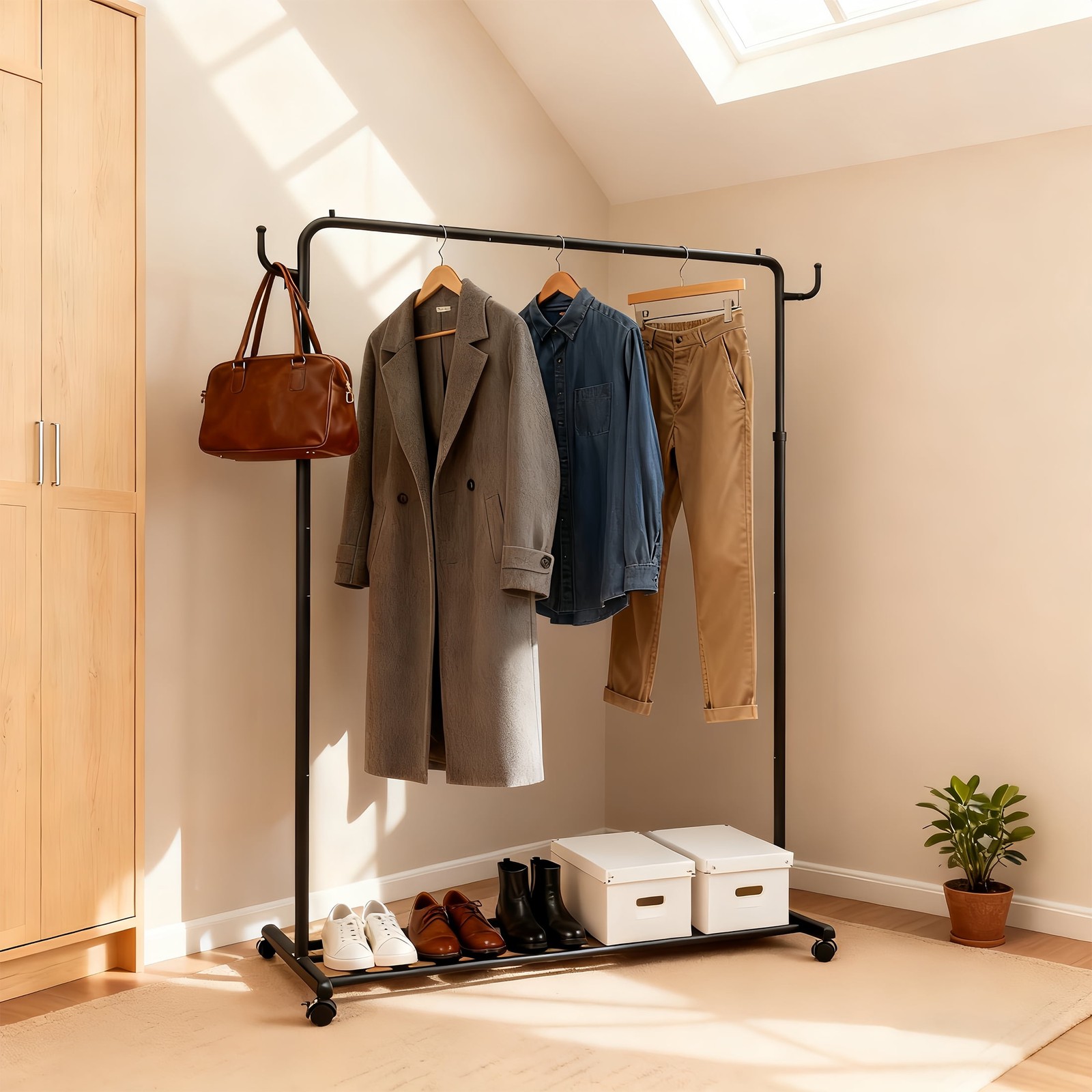 Wheeled clothes rack with storage shelf, black