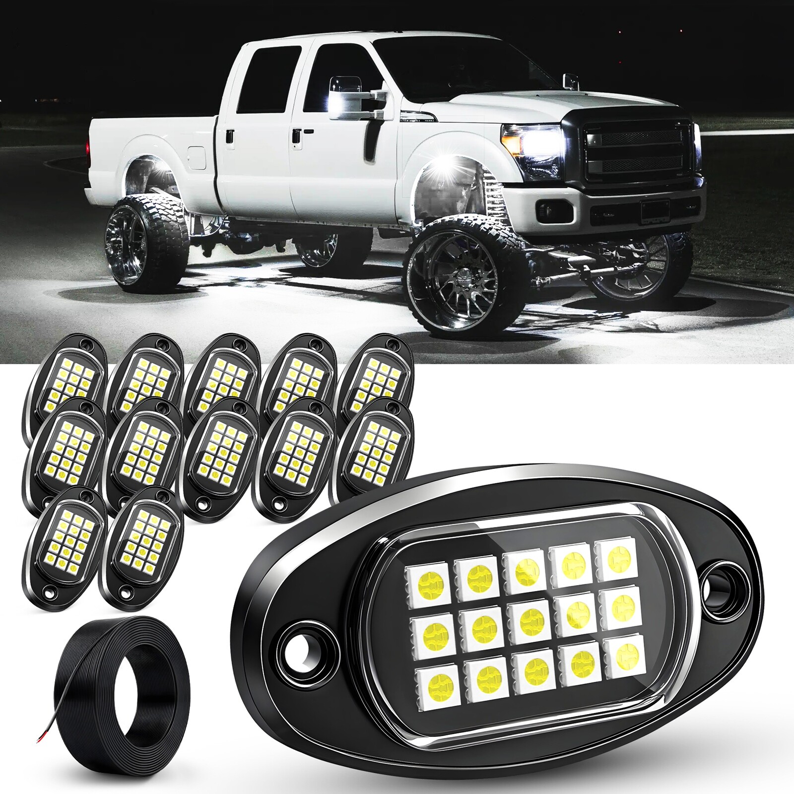 12 Pods Pure White LED Rock Lights, Waterproof Underglow Under Car Truck Lights
