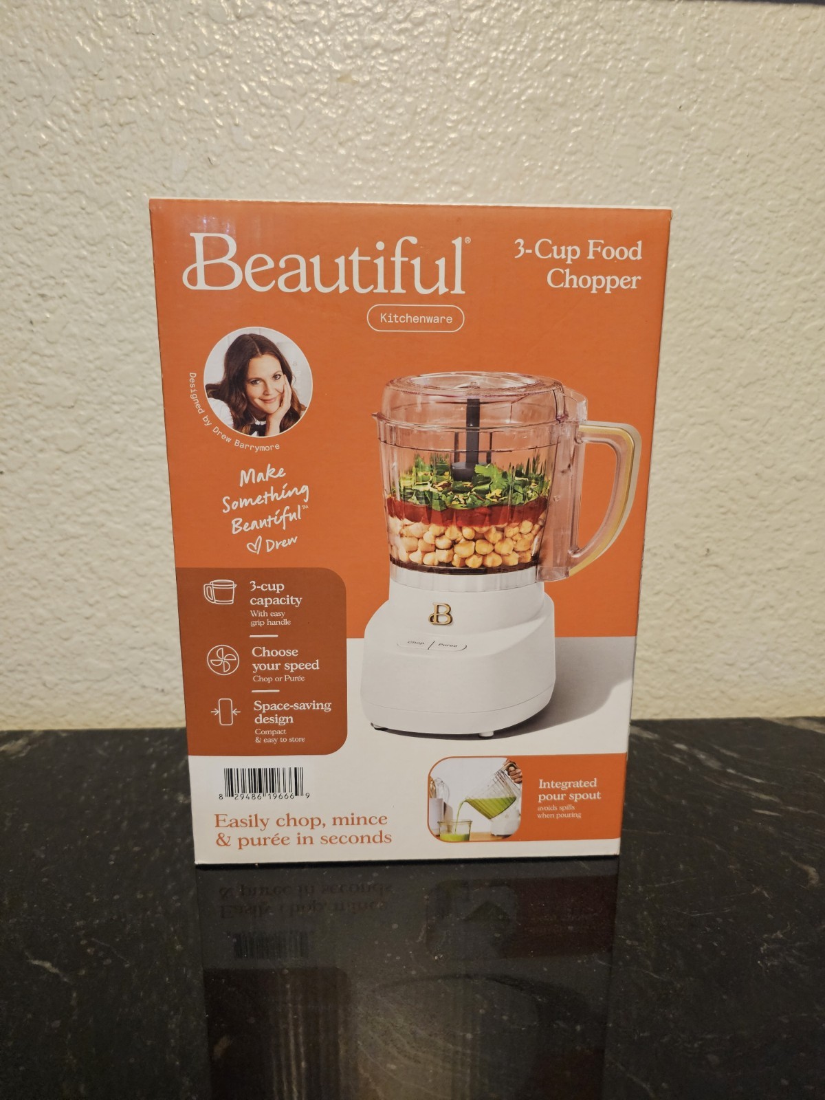 3 Cup Food Chopper Beautiful Designed by Drew Barrymore New In Box Open Box