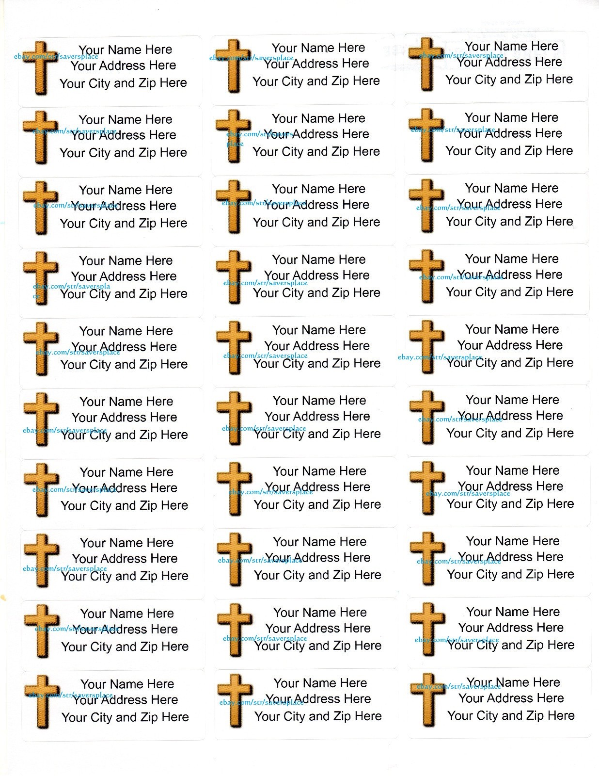 60 Personalized Cross  Address labels - 1" x 2.625" Free USA Shipping